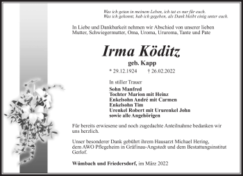 Traueranzeige von Irma Köditz von Südthüringer Presse
