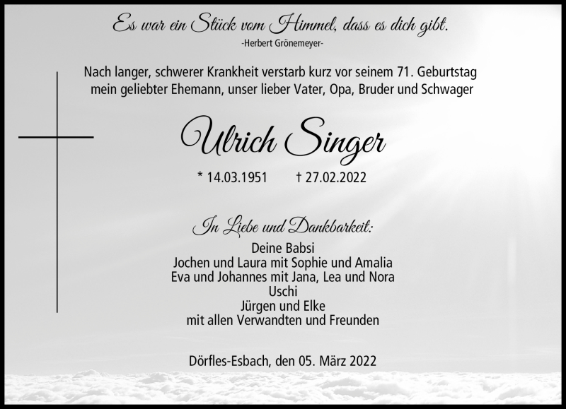  Traueranzeige für Ulrich Singer vom 05.03.2022 aus Neue Presse Coburg
