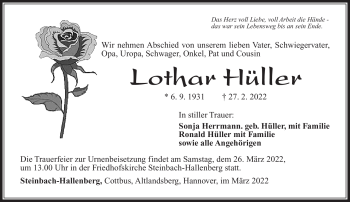 Traueranzeige von Lothar Hüller von Südthüringer Presse