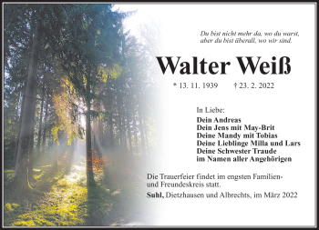 Traueranzeige von Walter Weiß von Südthüringer Presse