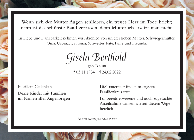  Traueranzeige für Gisela Berthold vom 05.03.2022 aus Südthüringer Presse