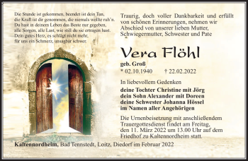 Traueranzeige von Vera Flöhl von Südthüringer Presse