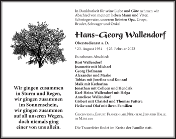 Traueranzeige von Hans-Georg Wallendorf von Südthüringer Presse