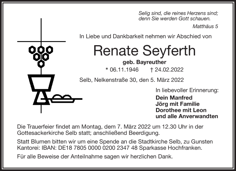  Traueranzeige für Renate Seyferth vom 05.03.2022 aus Frankenpost