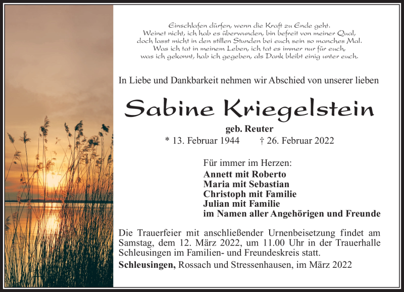  Traueranzeige für Sabine Kriegelstein vom 05.03.2022 aus Südthüringer Presse