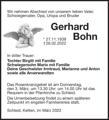 Traueranzeige von Gerhard Bohn von Südthüringer Presse