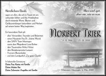 Traueranzeige von Norbert Trier von Südthüringer Presse