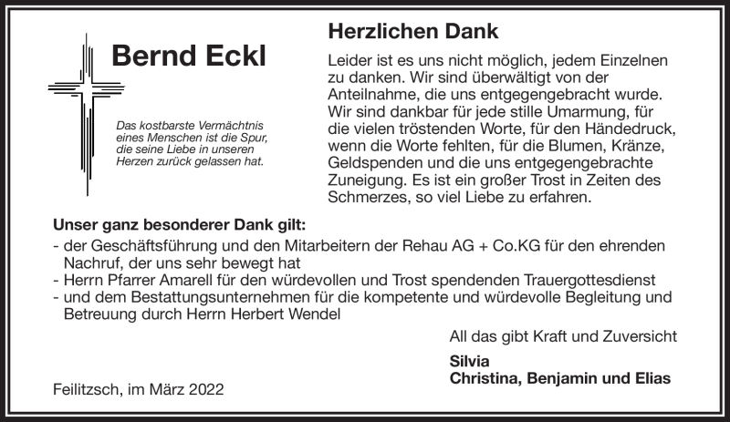  Traueranzeige für Bernd Eckl vom 19.03.2022 aus Frankenpost