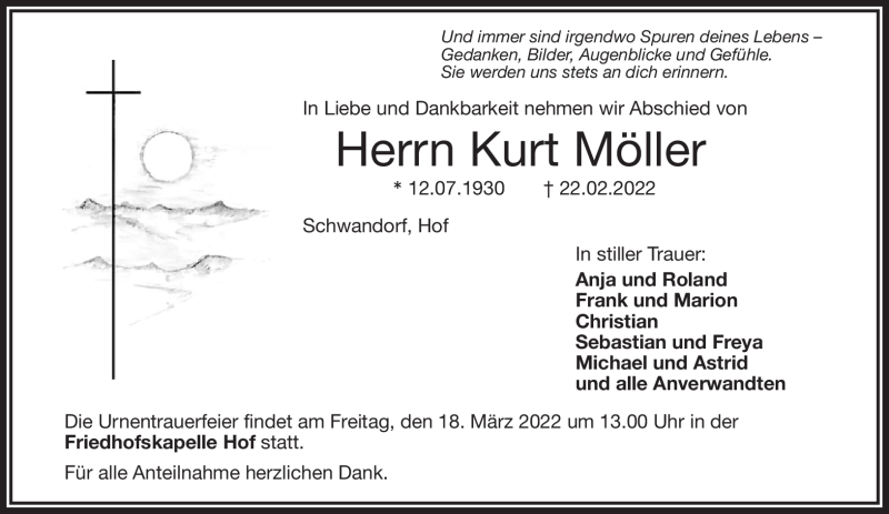  Traueranzeige für Kurt Möller vom 16.03.2022 aus Frankenpost