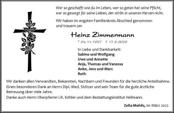 Traueranzeige von Heinz Zimmermann von Südthüringer Presse