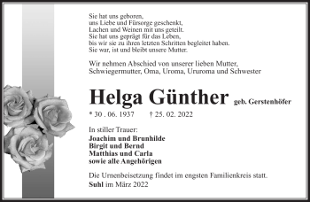 Traueranzeige von Helga Günther von Südthüringer Presse
