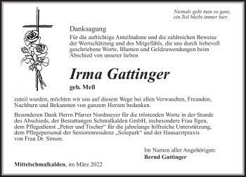 Traueranzeige von Irma g Gattinger von Südthüringer Presse