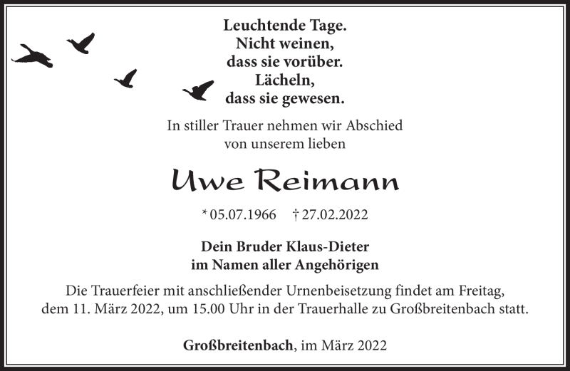  Traueranzeige für Uwe Reimann vom 05.03.2022 aus Südthüringer Presse