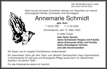 Traueranzeige von Annemarie Schmidt von Frankenpost