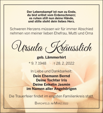 Traueranzeige von Ursula Kräusslich von Südthüringer Presse