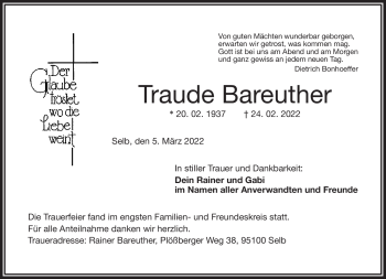 Traueranzeige von Traude Bareuther von Frankenpost