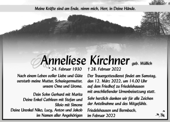 Traueranzeige von Anneliese Kirchner von Südthüringer Presse