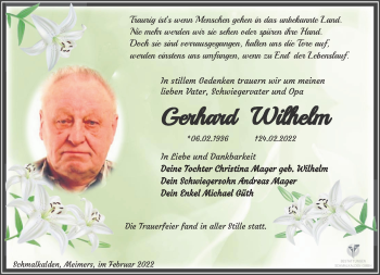 Traueranzeige von Gerhard Wilhelm von Südthüringer Presse