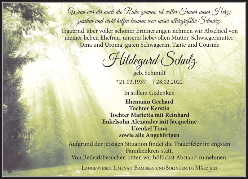  Traueranzeige für Hildegard Schulz vom 05.03.2022 aus Südthüringer Presse