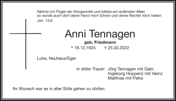 Traueranzeige von Anni Tennagen von Frankenpost