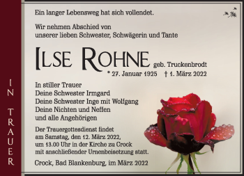 Traueranzeige von Ilse Rohne von Südthüringer Presse