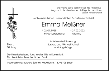 Traueranzeige von Emma Meißner von Neue Presse Coburg