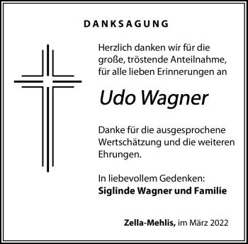 Traueranzeige von Udo Wagner von Südthüringer Presse