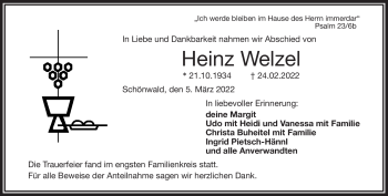 Traueranzeige von Heinz Welzel von Frankenpost