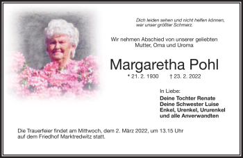 Traueranzeige von Margaretha Pohl von Frankenpost