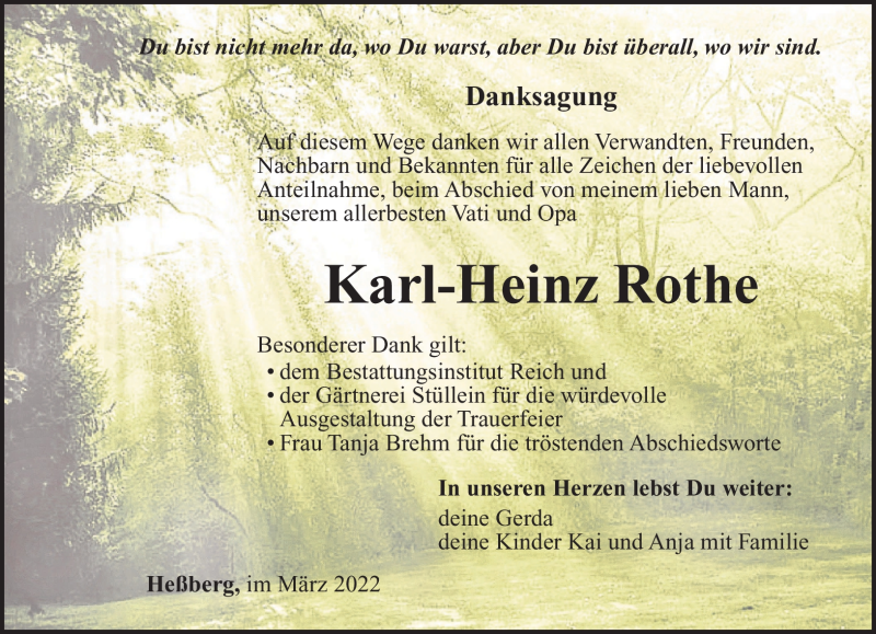  Traueranzeige für Karl-Heinz Rothe vom 19.03.2022 aus Südthüringer Presse