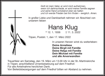 Traueranzeige von Hans Klug von Frankenpost