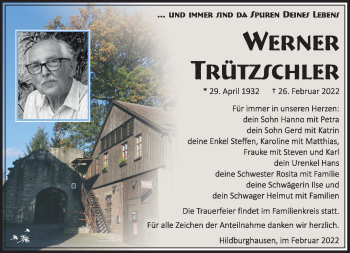 Traueranzeige von Werner Trützschler von Südthüringer Presse