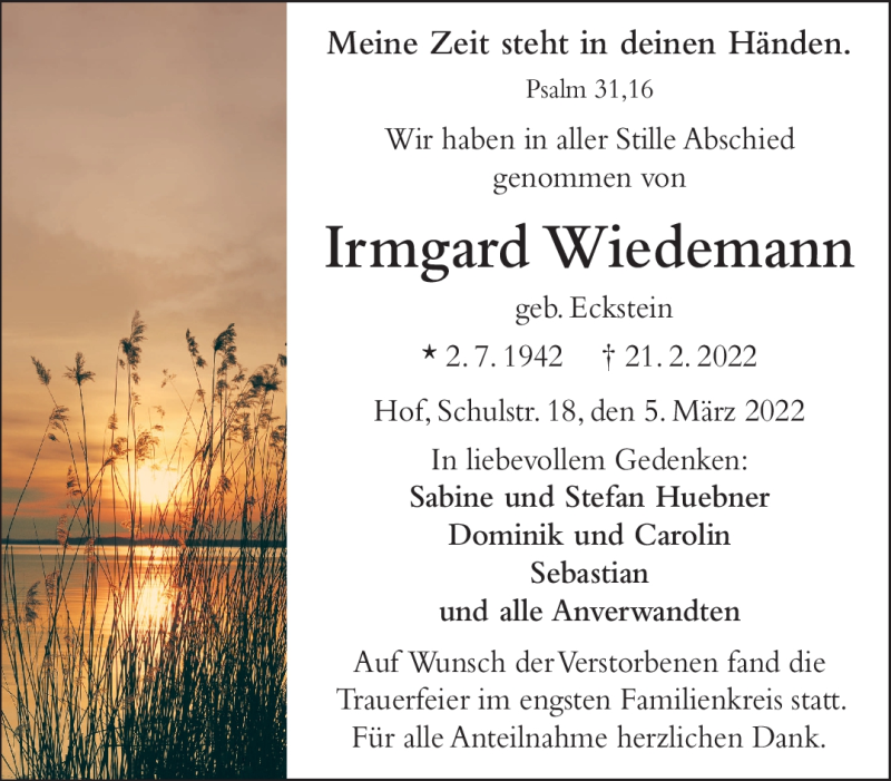  Traueranzeige für Irmgard Wiedemann vom 05.03.2022 aus Frankenpost