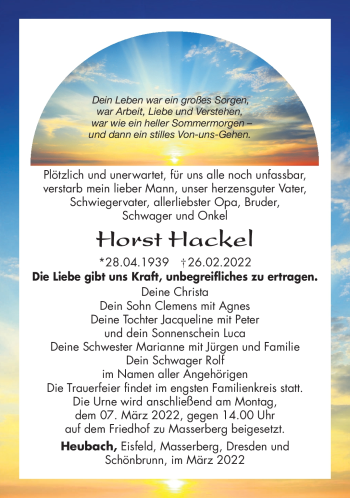 Traueranzeige von Horst Hackel von Südthüringer Presse