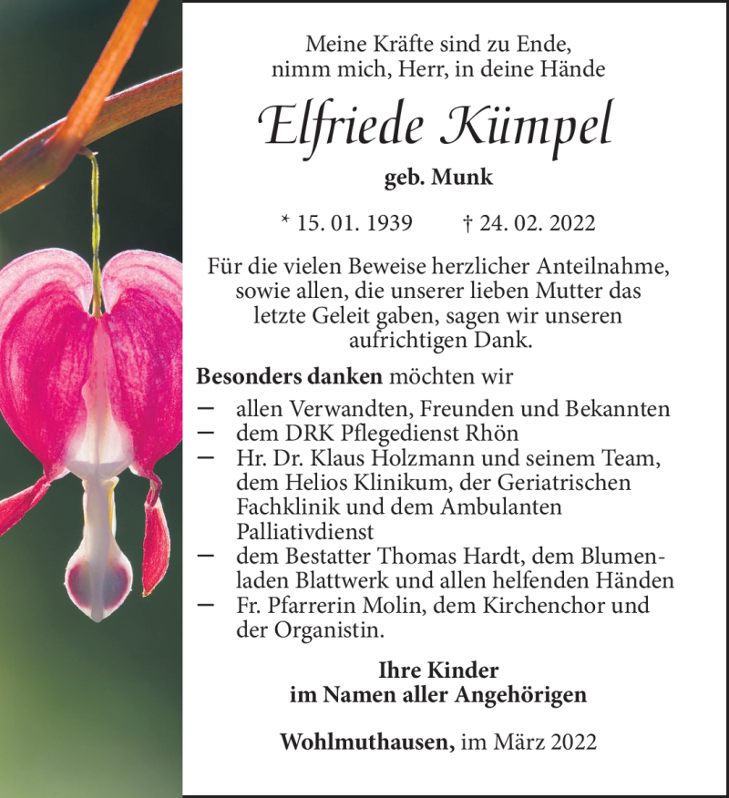  Traueranzeige für Elfriede Kümpel vom 19.03.2022 aus Südthüringer Presse