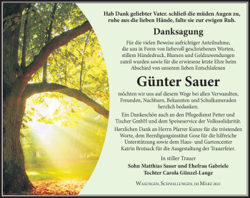 Traueranzeige von Günter Sauer von Südthüringer Presse