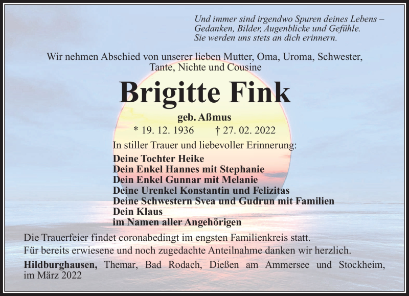  Traueranzeige für Brigitte Fink vom 05.03.2022 aus Südthüringer Presse