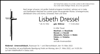 Traueranzeige von Lisbeth Dressel von Neue Presse Coburg