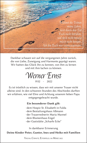 Traueranzeige von Werner Ernst von Südthüringer Presse