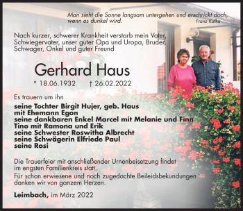 Traueranzeige von Gerhard Haus von Südthüringer Presse