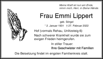 Traueranzeige von Emmi Lippert von Frankenpost