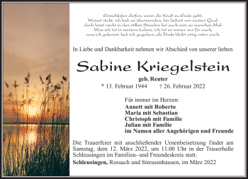 Traueranzeige von Sabine Kriegelstein von Südthüringer Presse