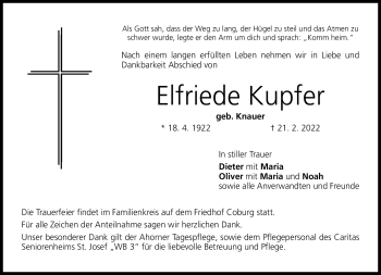 Traueranzeige von Elfriede Kupfer von Neue Presse Coburg