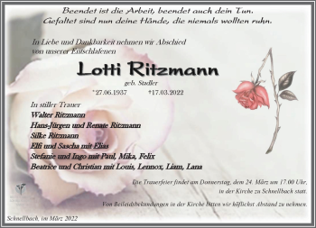 Traueranzeige von Lotti Ritzmann von Südthüringer Presse