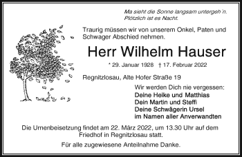 Traueranzeige von Wilhelm Hauser von Frankenpost