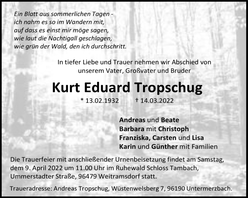  Traueranzeige für Kurt Eduard Tropschug vom 19.03.2022 aus Neue Presse Coburg