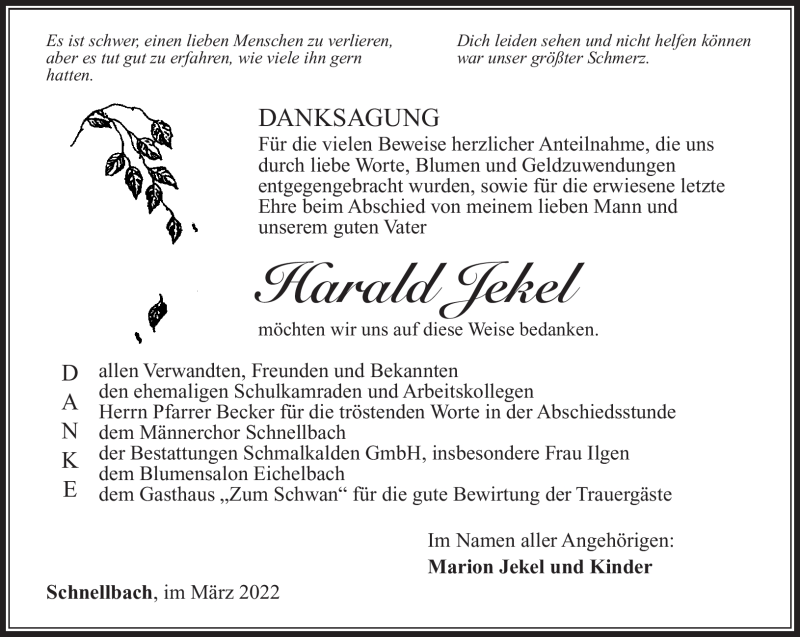  Traueranzeige für Harald Jekel vom 12.03.2022 aus Südthüringer Presse