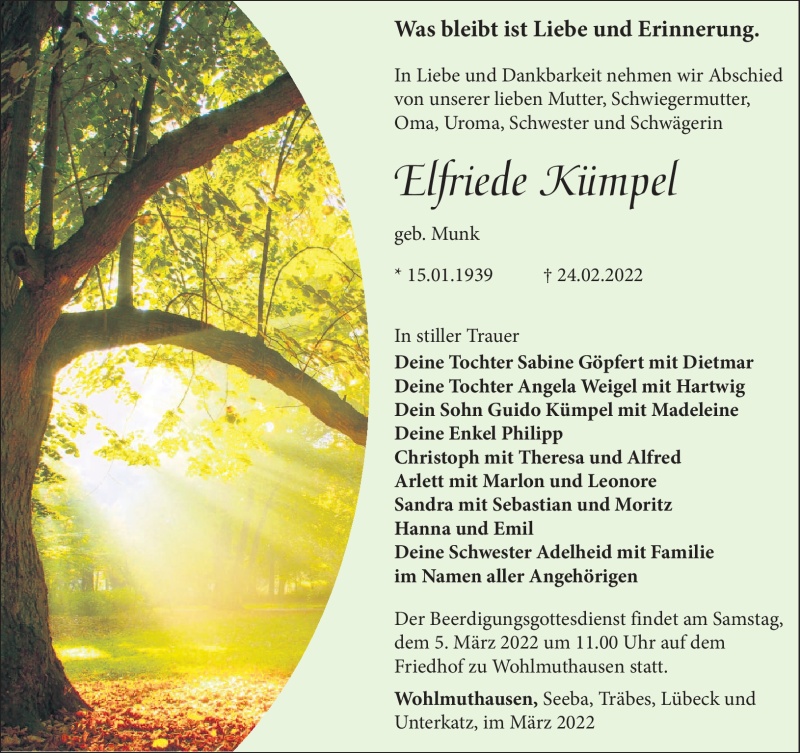  Traueranzeige für Elfriede Kümpel vom 03.03.2022 aus Südthüringer Presse
