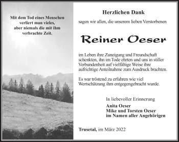 Traueranzeige von Reiner Oeser von Südthüringer Presse