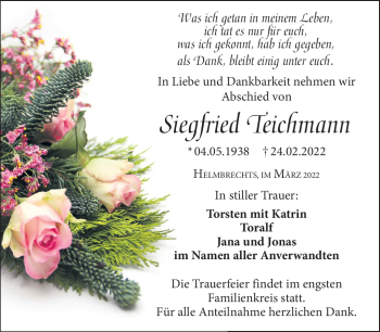 Traueranzeige von Siegfried Teichmann von Frankenpost